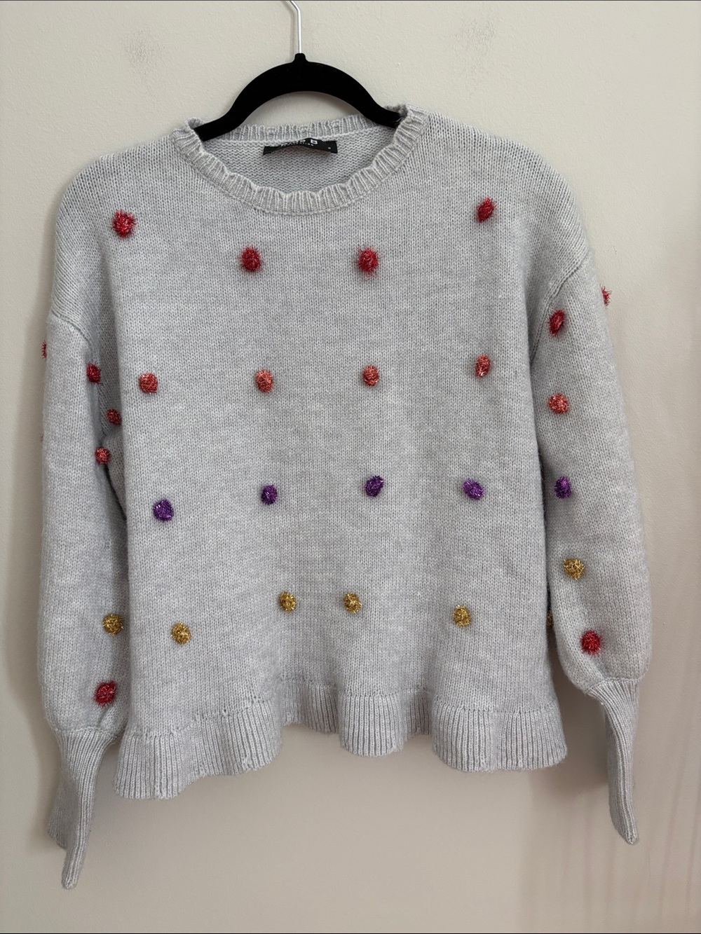 Collection B Light Gray Crewneck Sweater with Multicolor Pom-Poms NWOTS